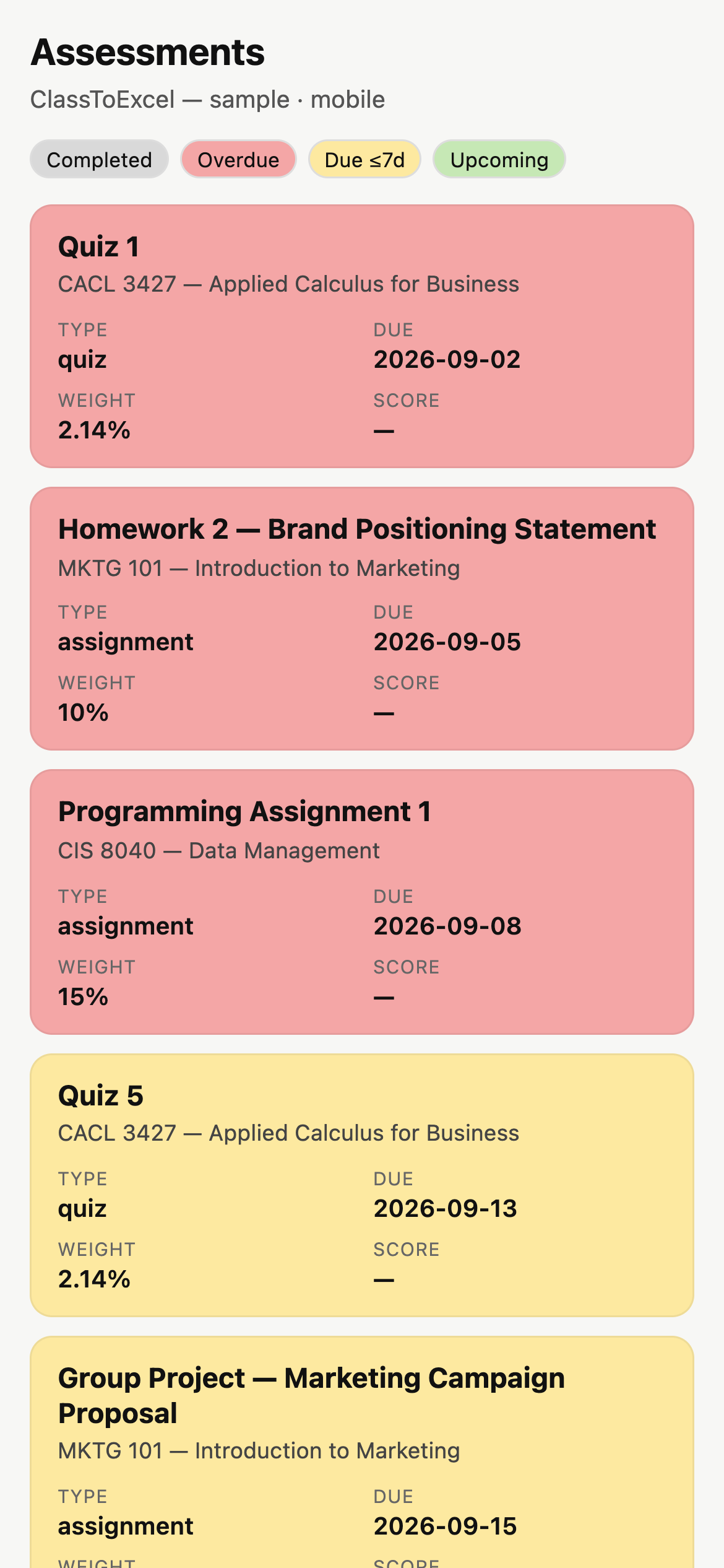 ClassToExcel assessments on mobile