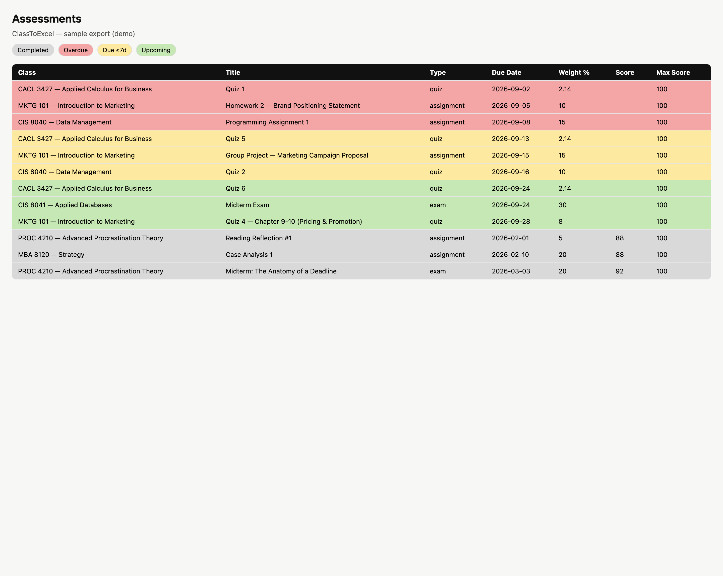 ClassToExcel spreadsheet preview with a color-coded sample of assessments